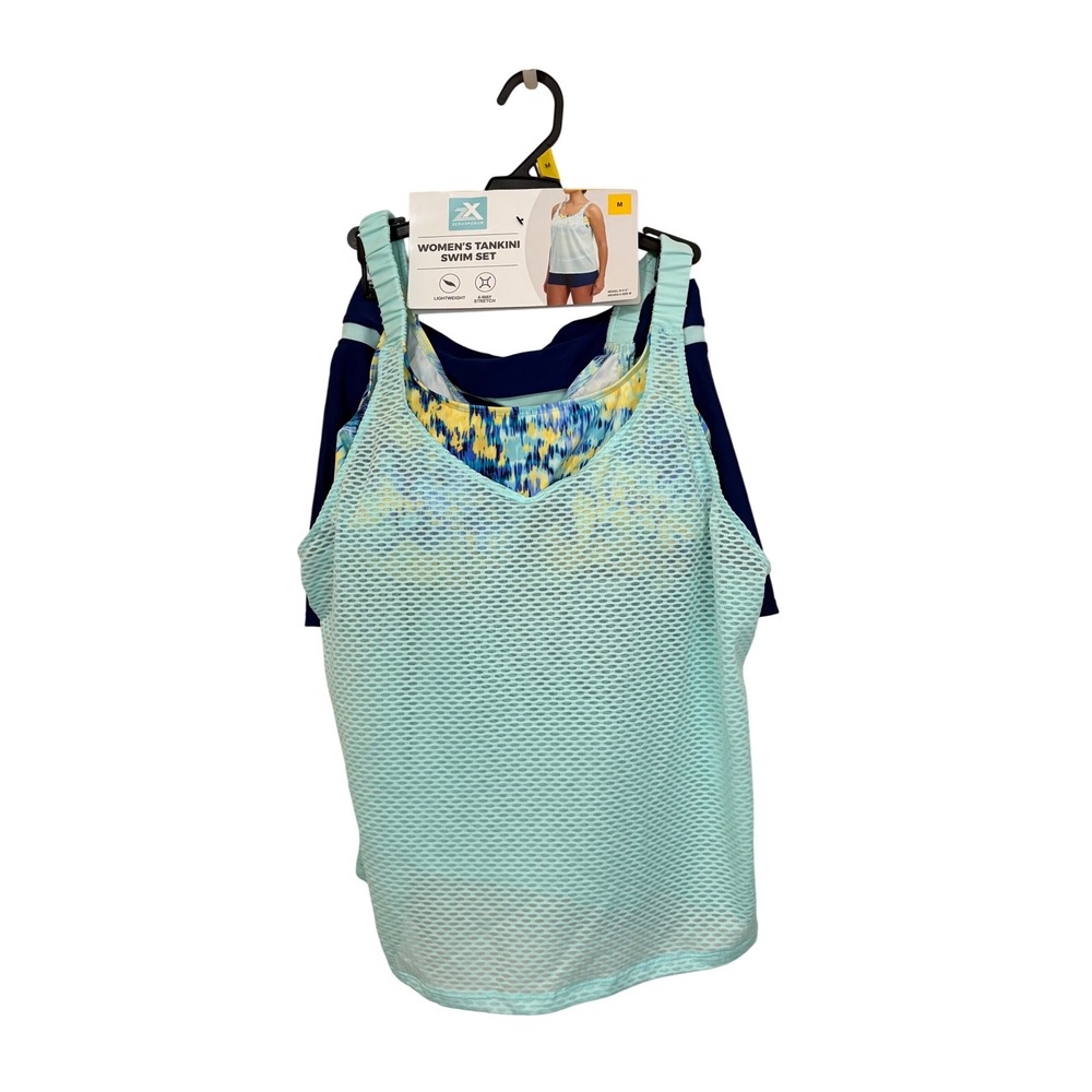 Zeroxposur Womens 3 Piece Tankini Swim Set Turquoise Navy Blue Mesh Shorts M NWT